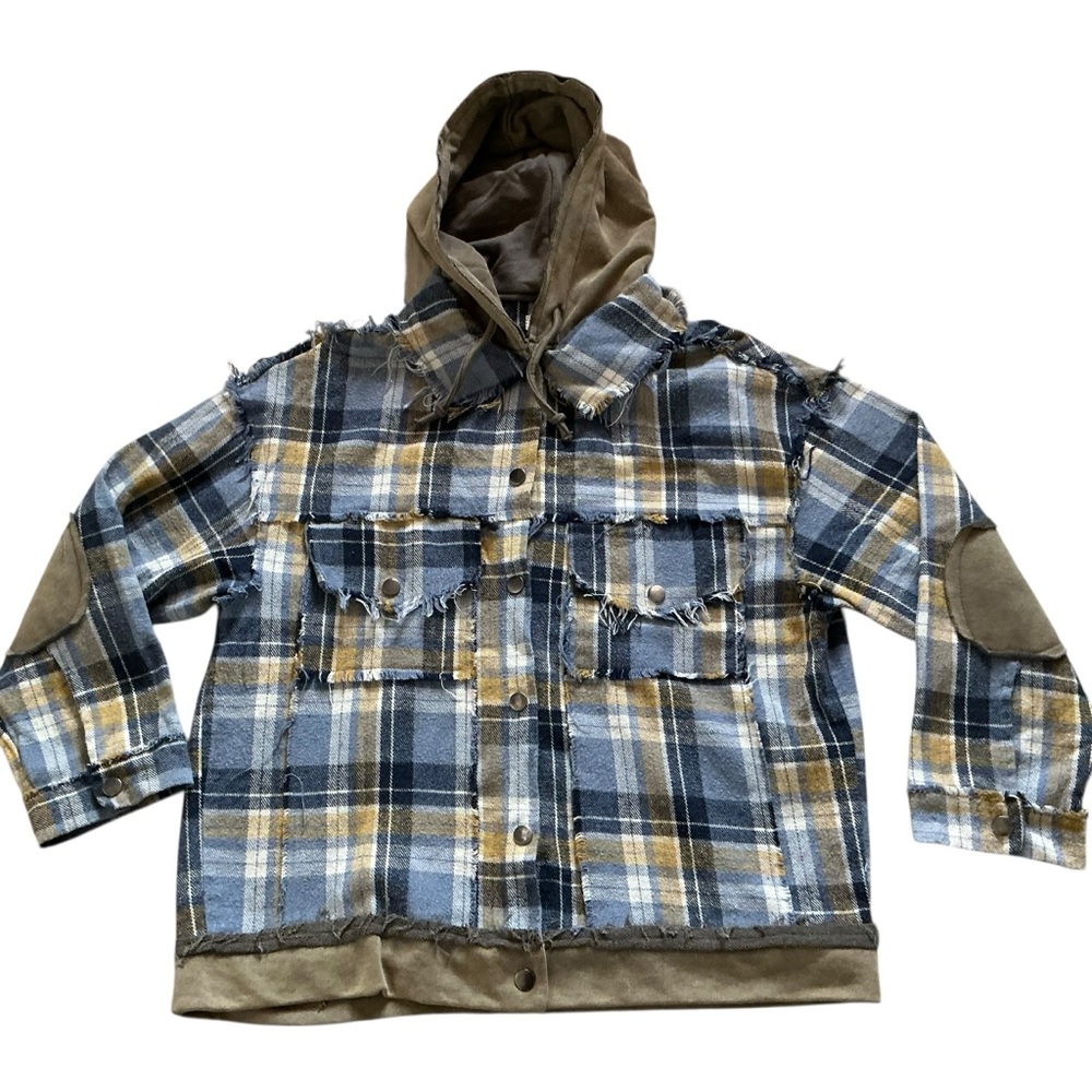 POL cornflower blue plaid shacket hoodie jacket size medium